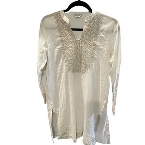 White Embroidered Top- Tunic with keyhole print and embroidered silver sleeves